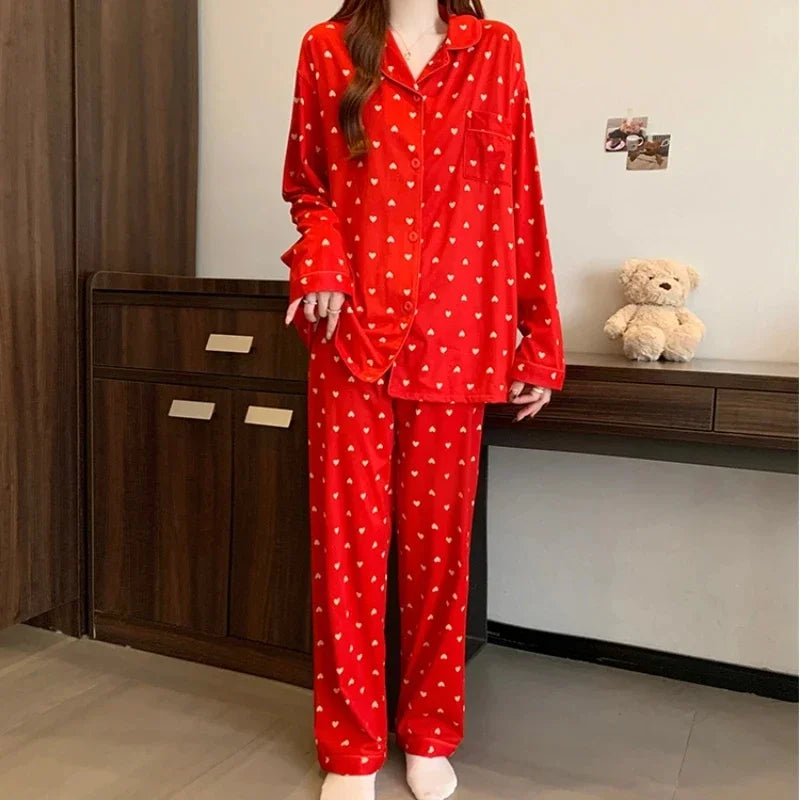 Spring and autumn new ladies' Korean pajamas home wear set for girls and students long-sleeved pajamas
