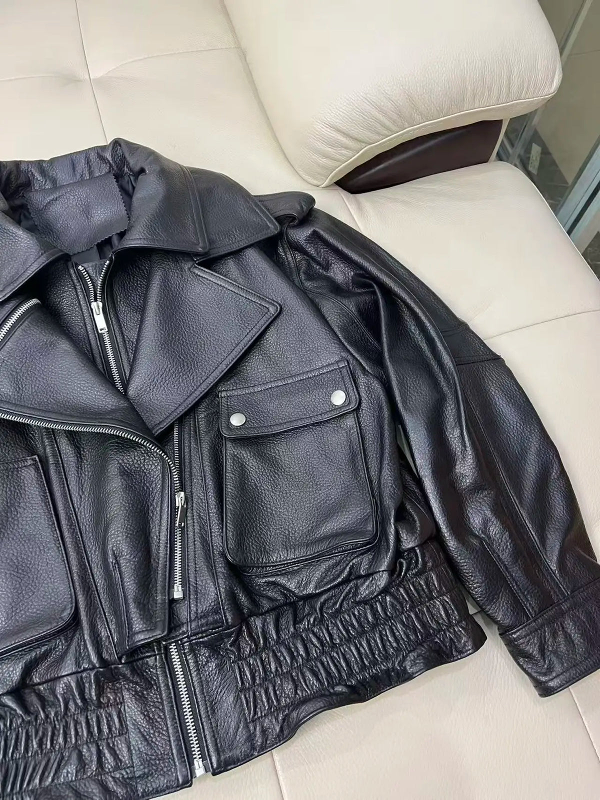 Leather Coat Autumn Winter Women Vintage Fashion Double Collar Lychee Pattern Sheepskin Bubble Leather Zipper Motorcycle Jacket