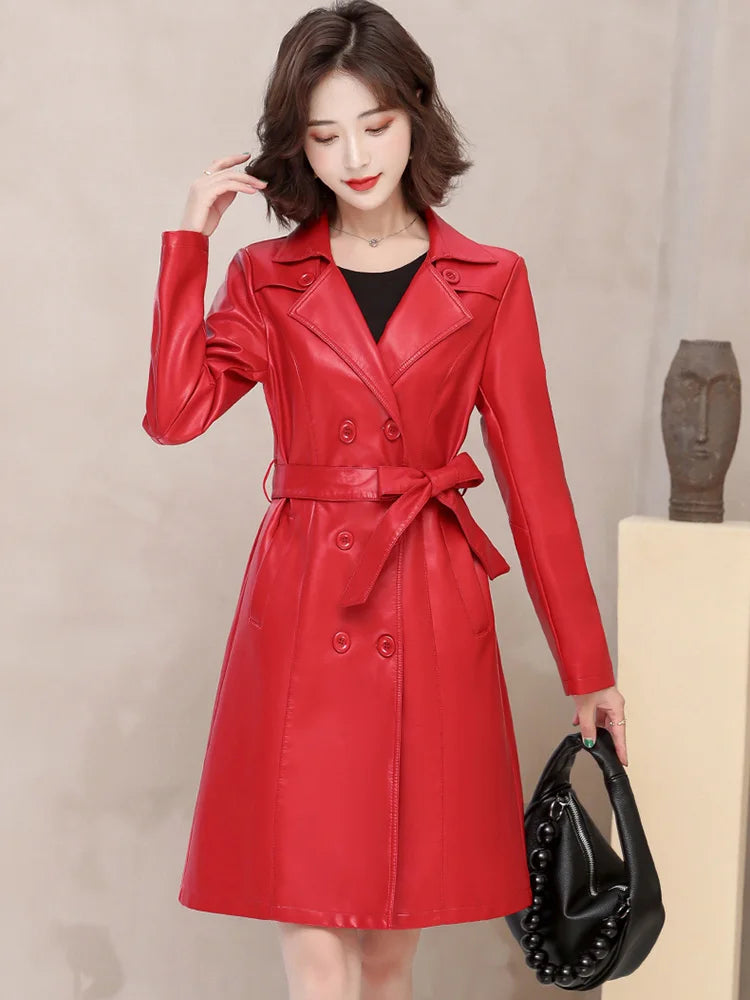 2026 Spring Autumn Sheep Leather Long Trench Coat Women Double Breasted Slim Trench Coat Female Outwear Fashion Windbreaker