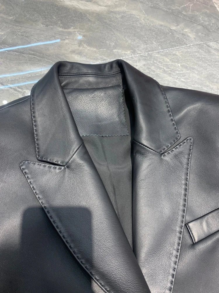 Suit Leather Jacket For Women 2025 Female 100% Sheepskin Lined Suit Collar Slim Short Quilted Coats Retro OL Sobretudo Feminino
