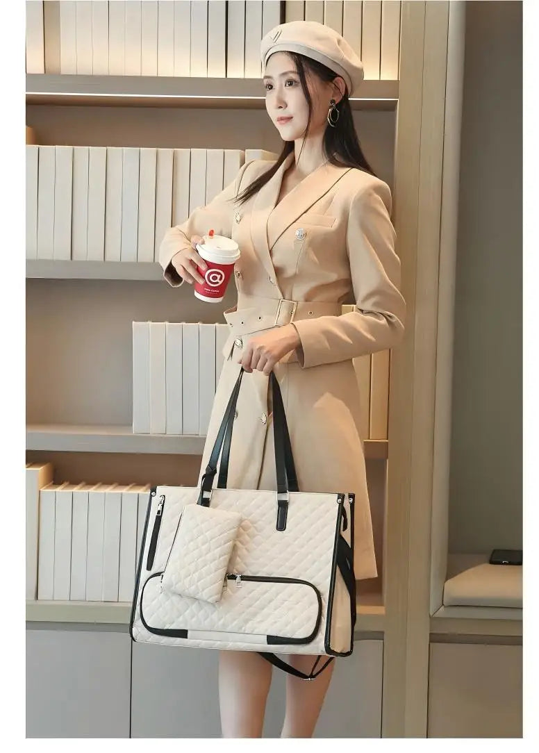 Women Large Capacity Insulated Lunch Tote Bag PU Leather Quilted Shoulder Bag Work Travel Handbag with small Pouch
