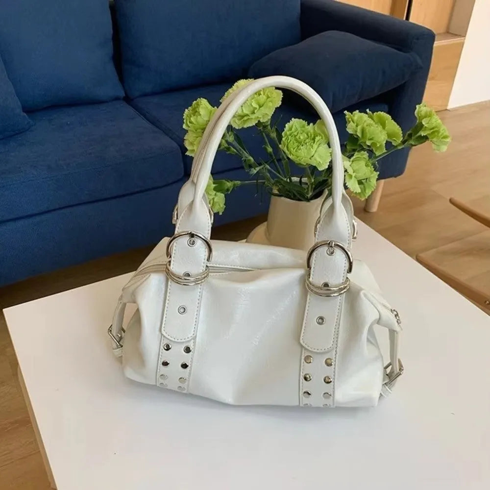 New PU Leather Women Shoulder Bag Large Capacity Y2K Motorcycle Bag High Quality Fashion Rivet Handbag Daily Use