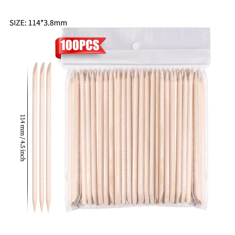 100PCS Cuticle Pusher Remover Nail Art Tools Beechwood Stick Sticks Rhinestones Picker Bead Pusher Manicure Pedicure Care