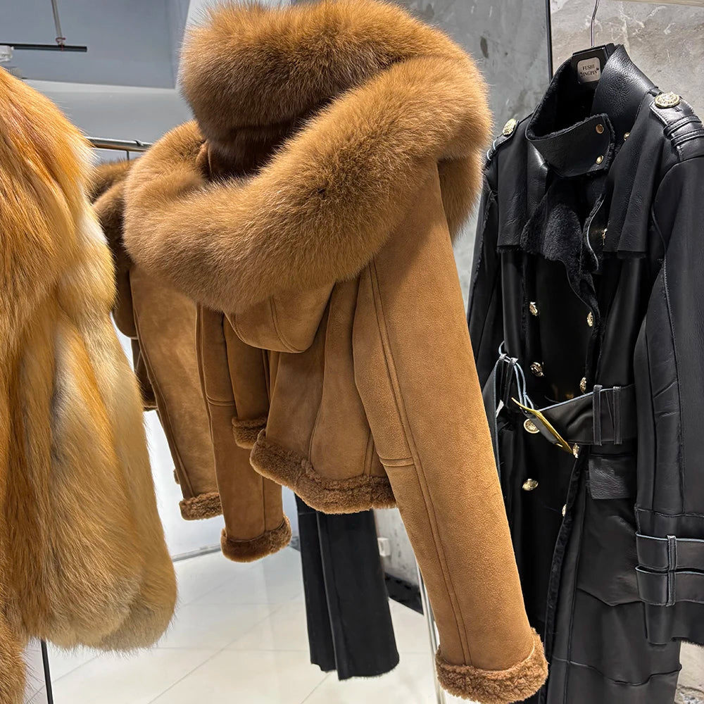 YOLOAgain Burgundy Shearling Jacket With Hood Women 2025 Winter Real Leather Jacket Coat