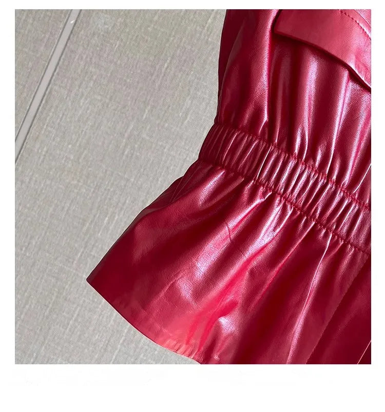 Women's Slim Waist Red Genuine Leather Vest Sleeveless Casual Jacket Short Style Versatile for Spring Autumn