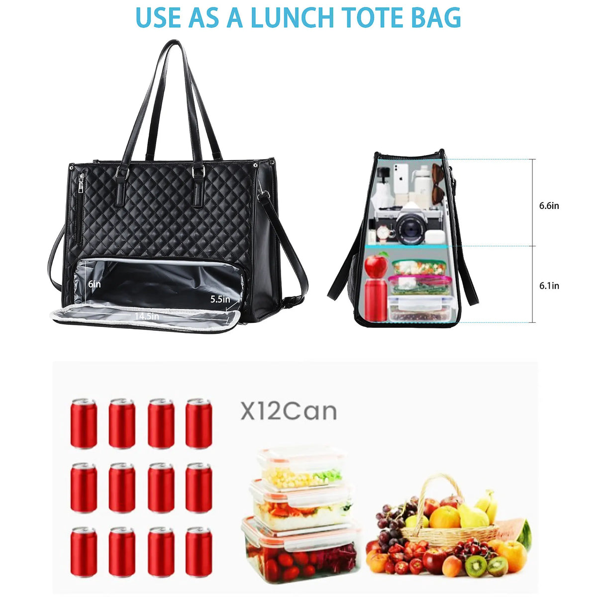 Women Large Capacity Insulated Lunch Tote Bag PU Leather Quilted Shoulder Bag Work Travel Handbag with small Pouch