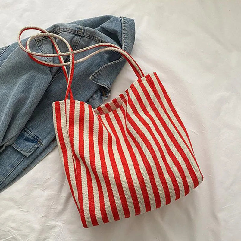 Large Capacity Korean Style Stripe Canvas Tote Bag Female Casual Simple Shoulder Bags Shopping Handbag Daily Totes Bag