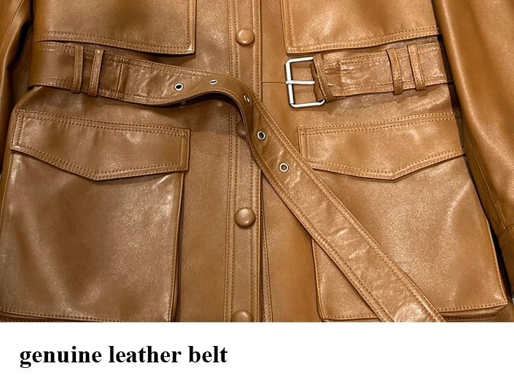 Winter Genuine Leather Outwears For Women High Quality Female Large Pocket Epaulet Belt Mid Long Jacket Female Warm Windbreaker