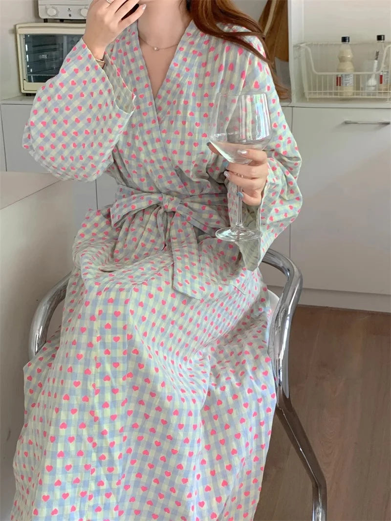 CHUANGERM Women Sweet Plaid Long Sleeve V‑Neck Lace Up Loose Medium‑Long Robe Comfortable Sexy Home Wear Loungewear