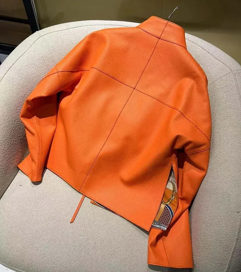 New Fashion 2026 Women Coat Spring Orange Import Real Sheepskin Jacket Floral Pattern Lining Short Length Big Pockets