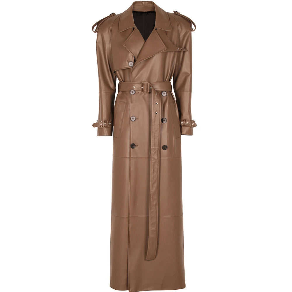 YOLOAgain 150cm Extra Length Real Leather Trench Coat Women Double Breasted Suede Coat Female