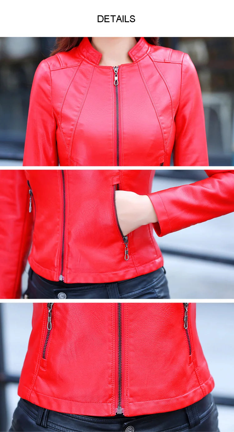 New Women Spring Autumn Leather Jacket Fashion Small Stand Collar Long Sleeve Slim Sheepskin Jacket Split Leather Short Coat
