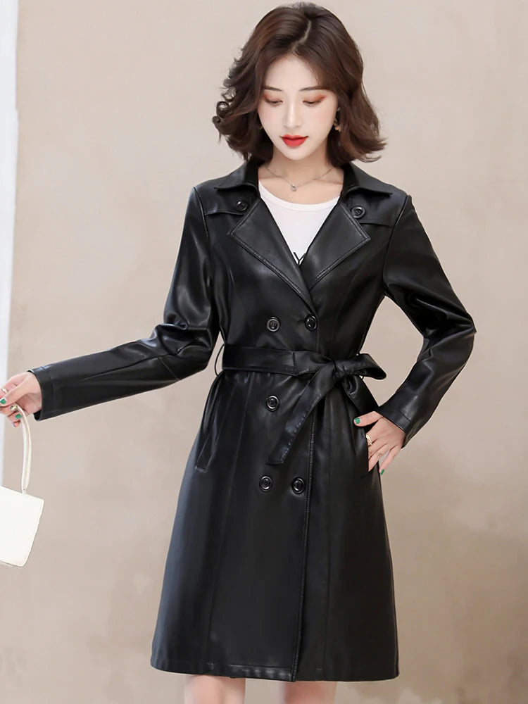2026 Spring Autumn Sheep Leather Long Trench Coat Women Double Breasted Slim Trench Coat Female Outwear Fashion Windbreaker