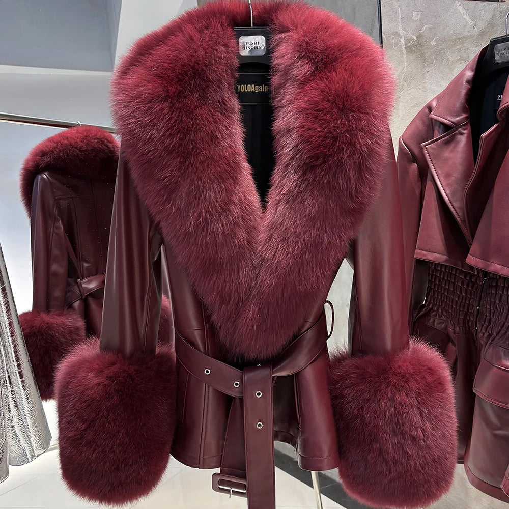 YOLOAgain Women's Real Fox Fur Collar Sheepskin Leather Jacket Coat Autumn 2025