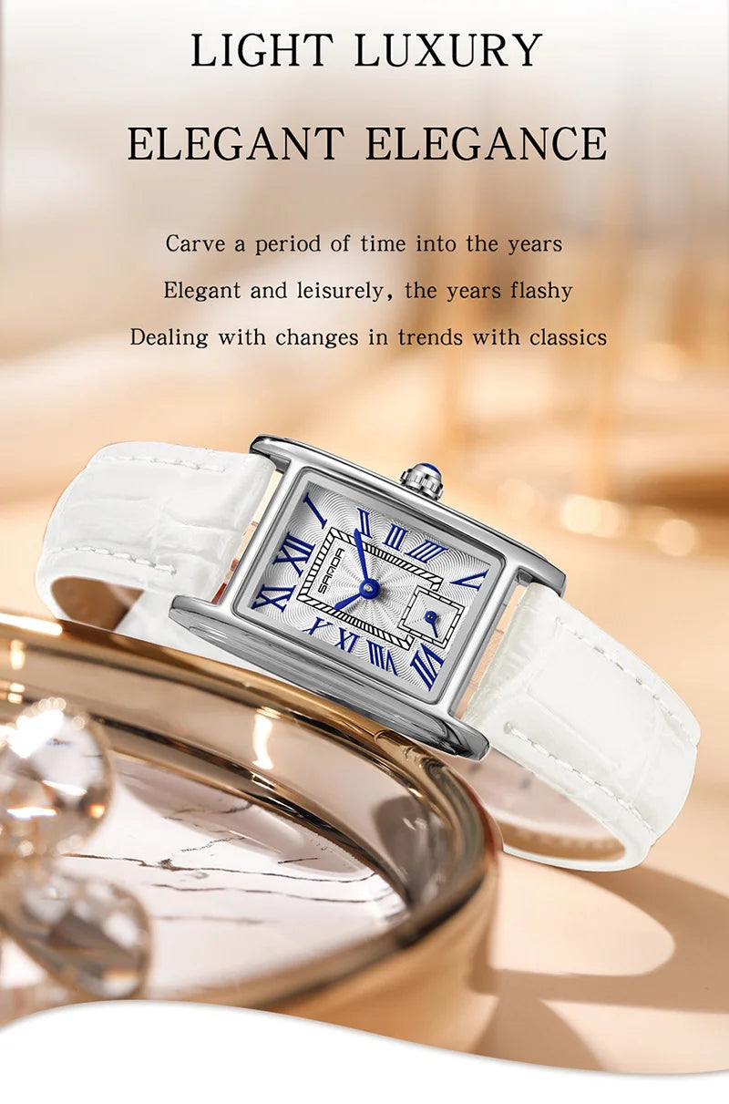 SANDA 1116 Elegant Women's Quartz Watch Casual Rectangular Waterproof Steel Leather Strap Casual Business Women's Watch часы