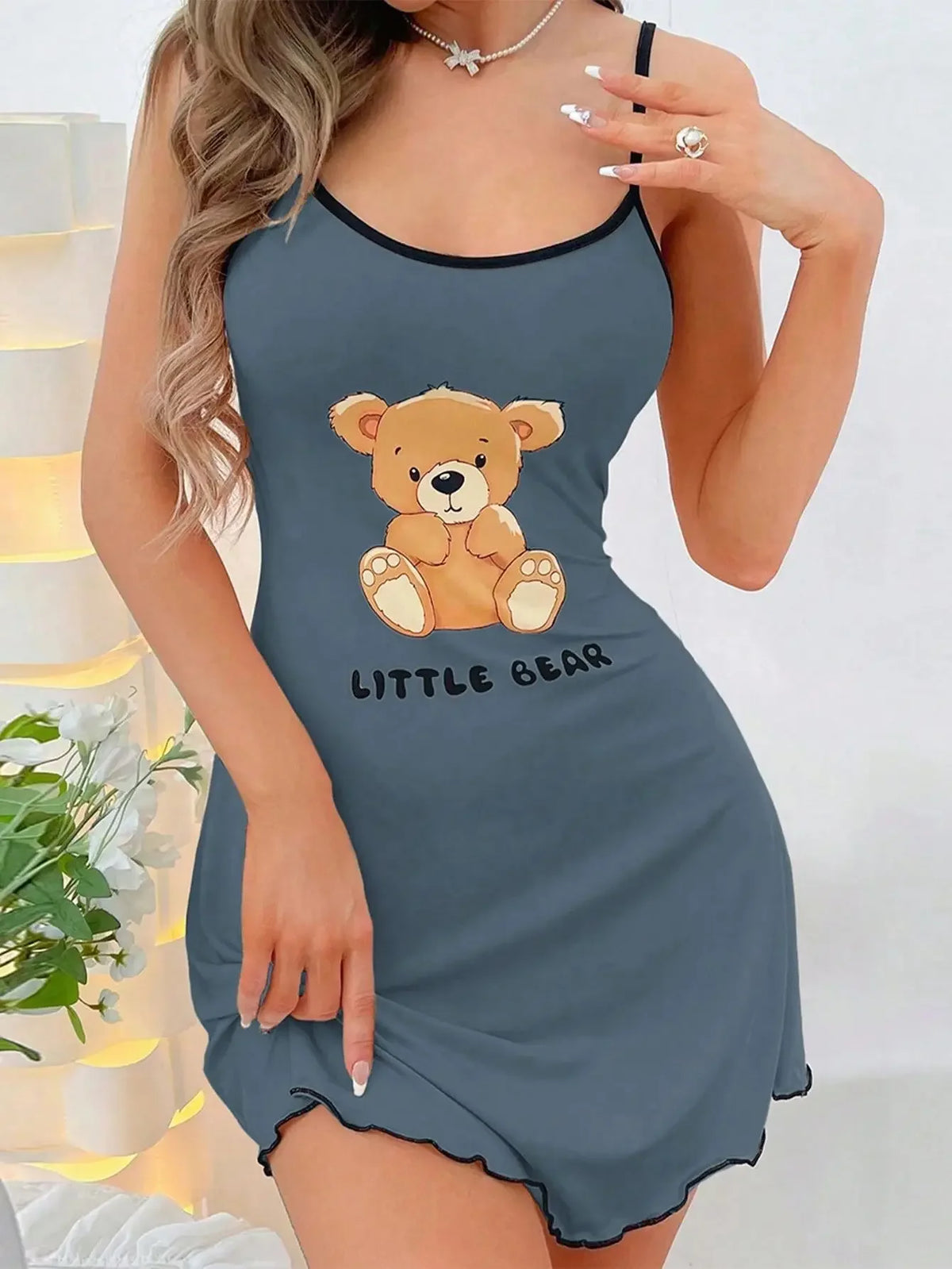 2026 New Women's Autumn Home Clothes Printed Cute Bear Strap Skirt Off Shoulder Pajamas Home Fashion Contrast Ruffle Edge Dress