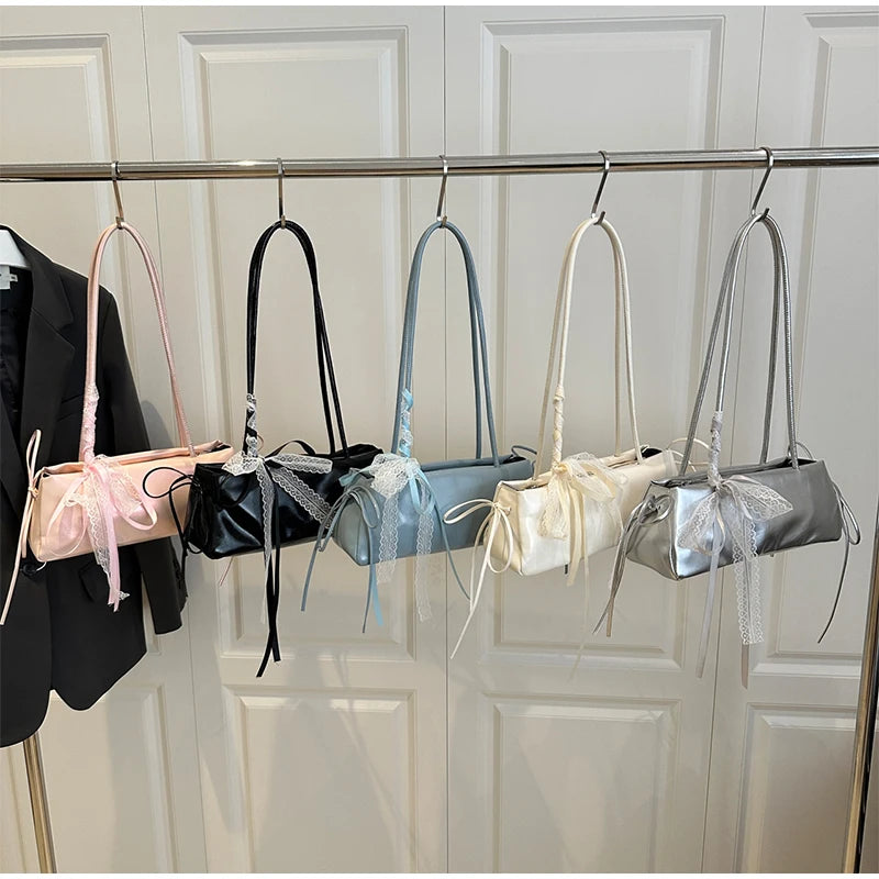 French Elegant Square Bag Korean Bow Decoration Pu High-quality Bag Niche Simple Ballet Style Shoulder Bag New Casual Women Bags