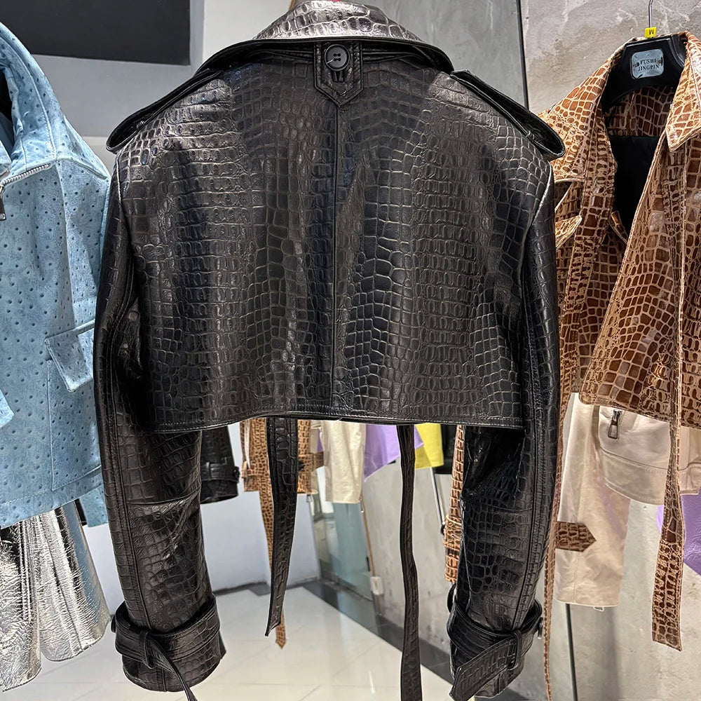 YOLOAgain Croc Pattern Real Leather Cropped Jacket Women Genuine Leather Jacket Female Streetwear
