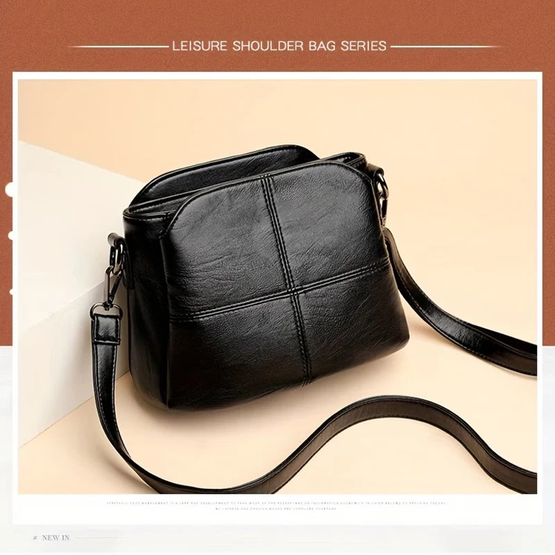 Women Vintage PU Leather Crossbody Bag Casual Daily Mini Shoulder Handbag Multi‑Layer Zipper Pocket Design Adjustable Strap Ligh