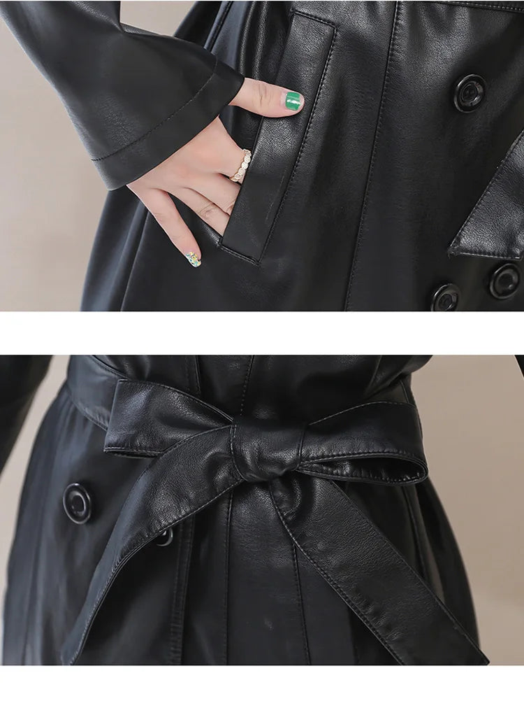 2026 Spring Autumn Sheep Leather Long Trench Coat Women Double Breasted Slim Trench Coat Female Outwear Fashion Windbreaker