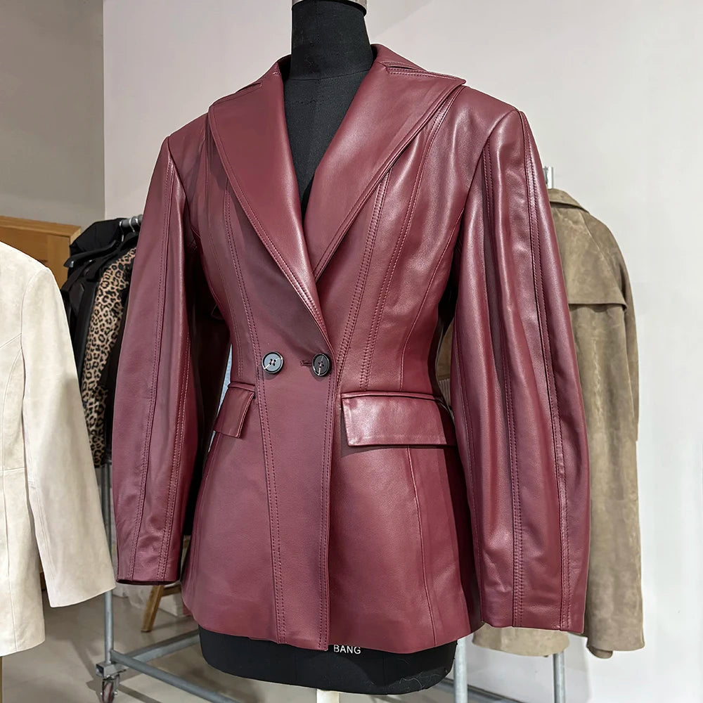 YOLOAgain Vintage Suede Blazer Jacket Women Double Breasted Lapel Dark Brown Genuine Sheepskin Leather Jacket Coat Female