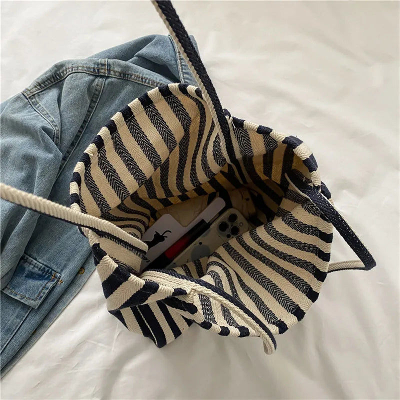 Large Capacity Korean Style Stripe Canvas Tote Bag Female Casual Simple Shoulder Bags Shopping Handbag Daily Totes Bag