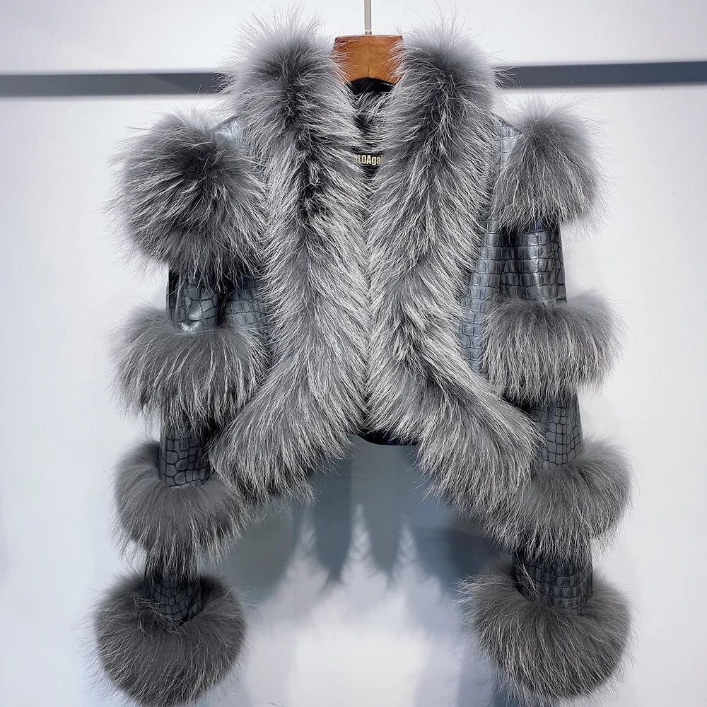 YOLOAgain Women's Natural Fox Fur Jacket Real Leather Cropped Jacket Streetwear