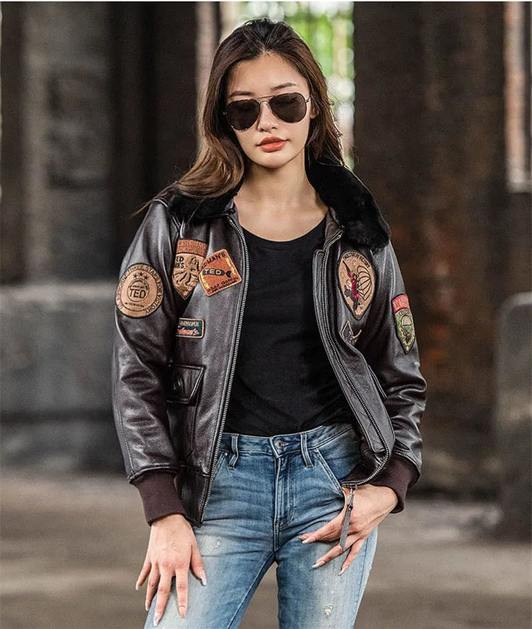 Dark Brown G1 Pilot Leather Jacket Women Military Style Plus Size 3XL Natural Cowhide Autumn Aviation Genuine Leather Coats