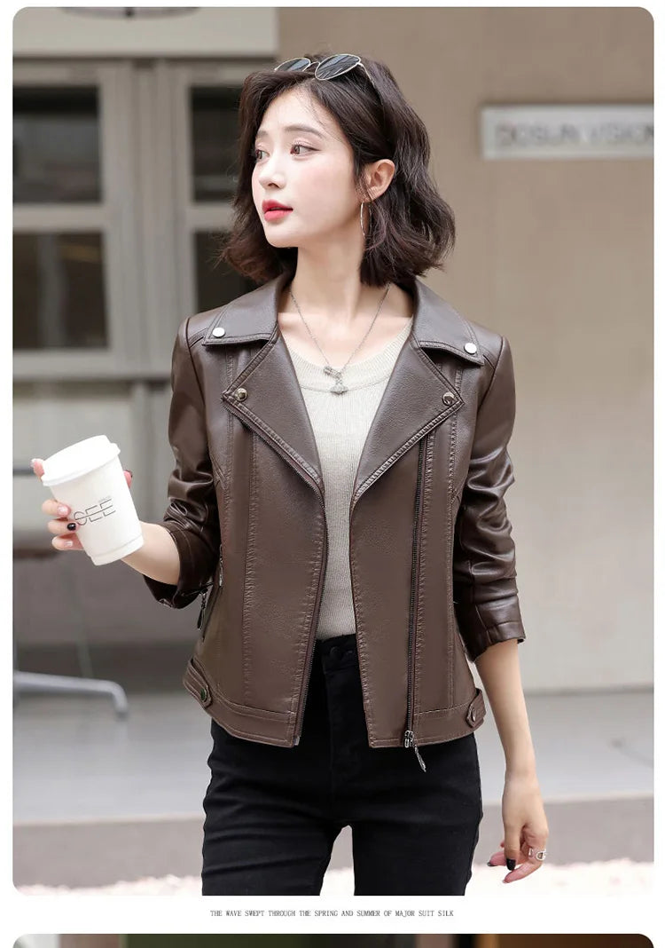 New Women Spring Autumn Leather Jacket Fashion Suit Collar Long Sleeve Motorcycle Jacket Casual Short Biker Coat Split Leather