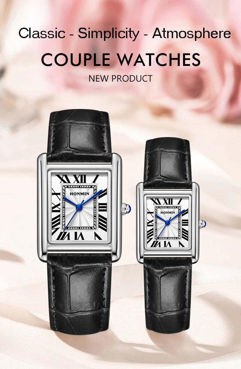 Brand Men's and Women's Watch Business Simple Square Student Leather Watches Waterproof Couple Fashion Quartz Wristwatches