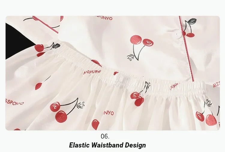 Cherry Print Silk Pajamas Set For Women Summer Short Sleeve Shirt And Shorts Two Pieces Sleepwear Homewear Nightwear