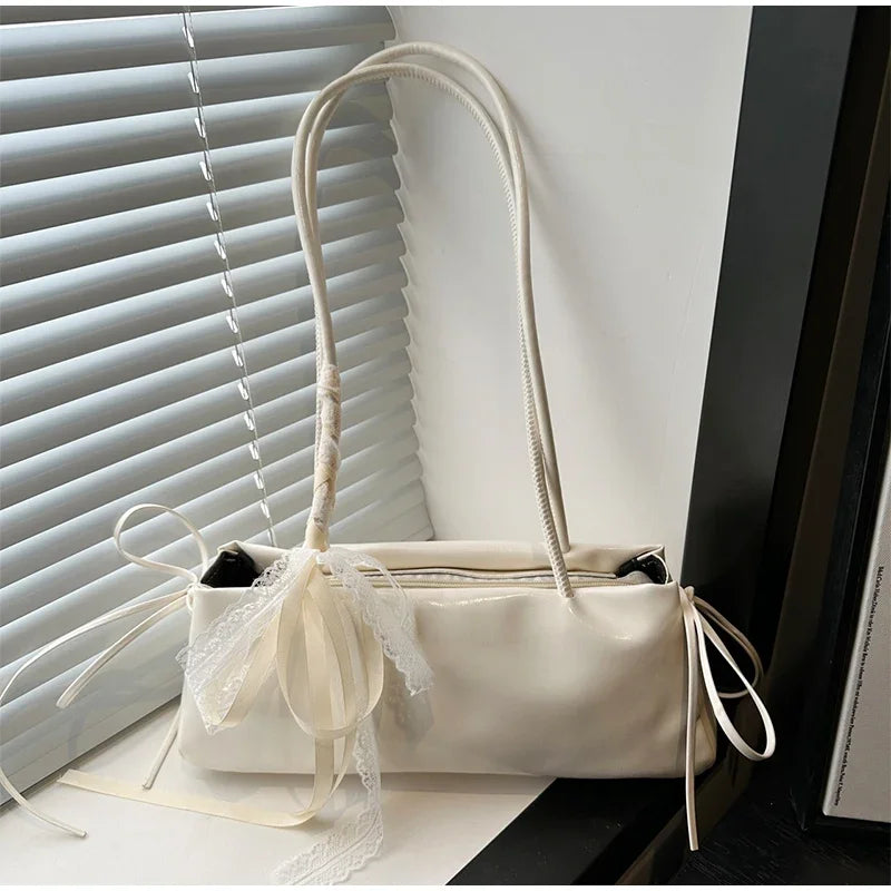 French Elegant Square Bag Korean Bow Decoration Pu High-quality Bag Niche Simple Ballet Style Shoulder Bag New Casual Women Bags