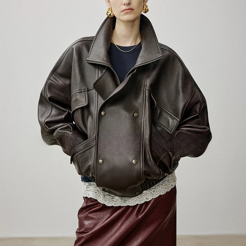 Brown Sheepskin Bubble Skin Coat Female Retro Double Layer Collar Double Breasted Zipper Loose Leather Jacket Winter Outerwear
