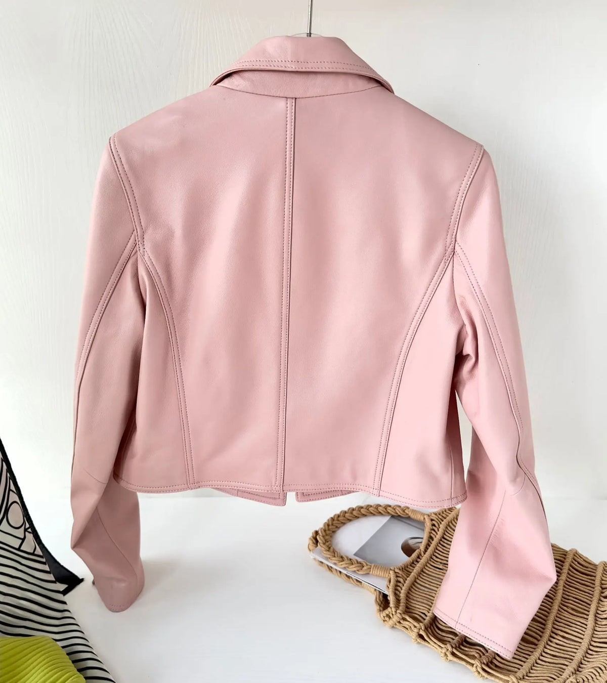 2024 New Short Genuine Leather Blazer Jackets for Women Fashion Pink Lapel Single Button Female Long Sleeve Sheepskin Jackets