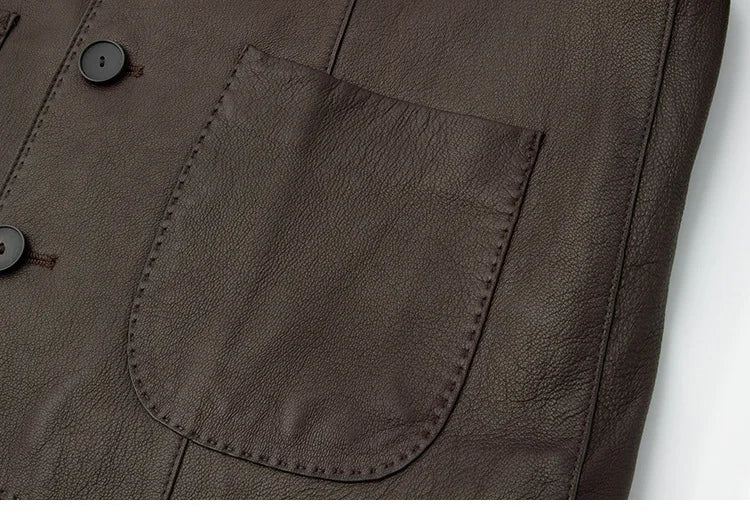 Women's Autumn Clothing European High Quality Sheepskin Casual O-Neck Single-Breasted Coffee Litchi Stria Genuine Leather Jacket