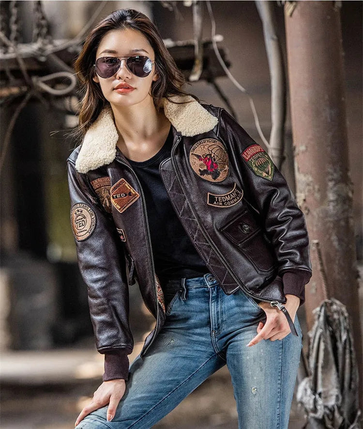 Dark Brown G1 Pilot Leather Jacket Women Military Style Plus Size 3XL Natural Cowhide Autumn Aviation Genuine Leather Coats