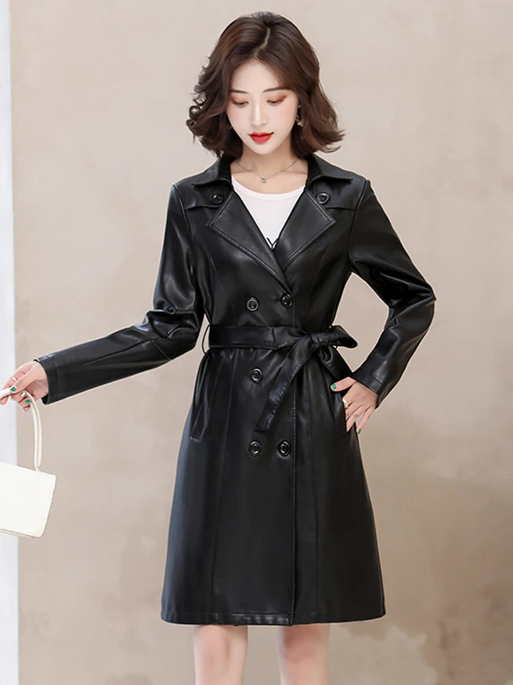 2026 Spring Autumn Sheep Leather Long Trench Coat Women Double Breasted Slim Trench Coat Female Outwear Fashion Windbreaker