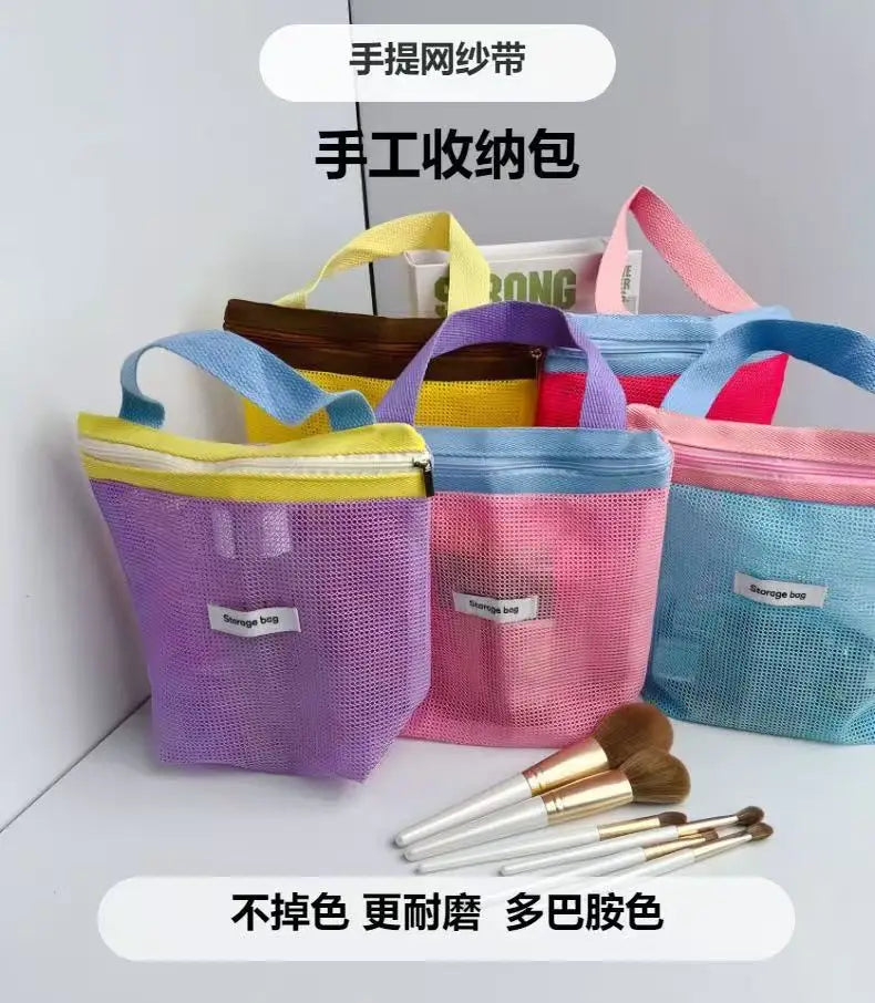 Ins Style Vibrant Bright Color Summer Mesh Tote Bag Small Cosmetic Bag Handbag Foldable Portable Toiletry Bag Women's Beach Bag