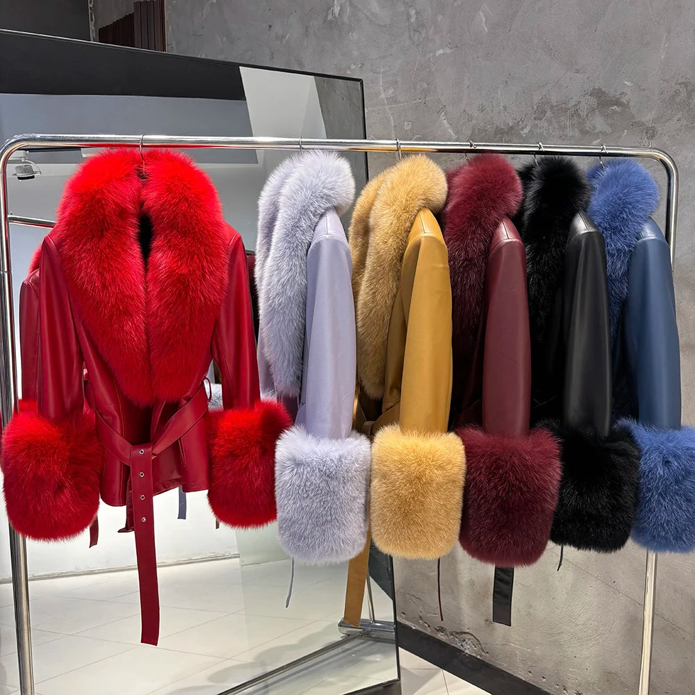 YOLOAgain Women's Real Fox Fur Collar Sheepskin Leather Jacket Coat Autumn 2025