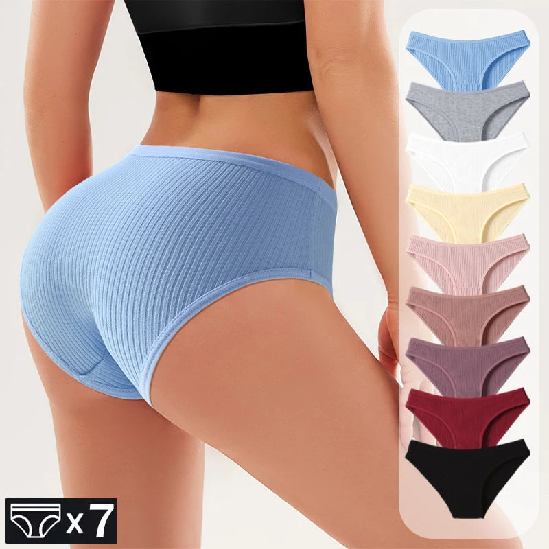 7Pcs Women's Panties Striped Briefs for Women Low-Rise Breathable Cotton Female Soft Underwear Solid Colors Ladies Underpants