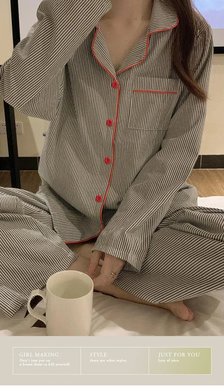 Women's Long Sleeve Loose Breathable Student Sleepwear Loungewear Cardigan Gray Striped Ladies Stripe Fashion Pajamas Homewear