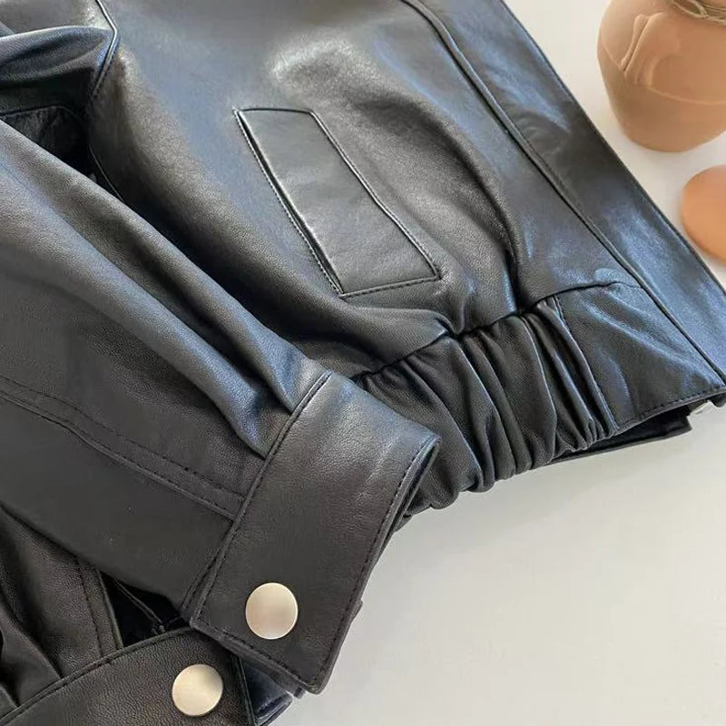 Genuine Leather Jacket for Women Sheepskin Leather Short Coat Female Collar Cropped Veste Woman Clothing Basic Daily Outfit