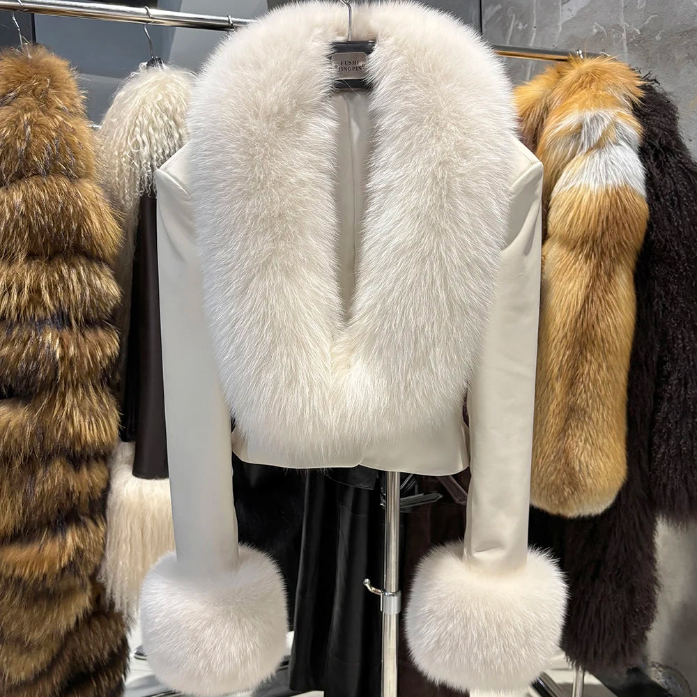 YOLOAgain Real Leather Jacket Women With Fox Fur Collar Cuffs Slim Fit Genuine Sheepskin Coat Female