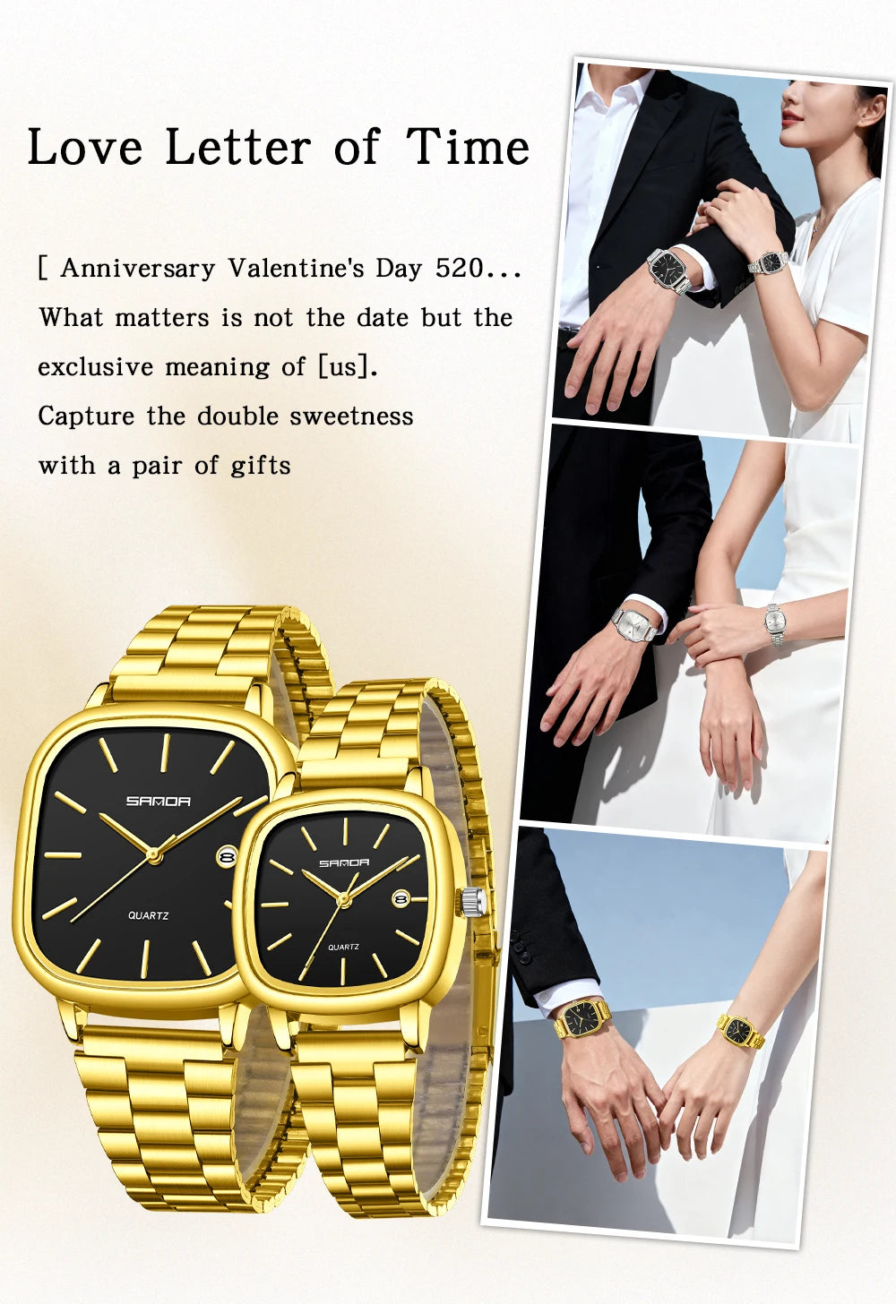 Sanda 2026 Couple Quartz Watch Men's and Women's Square Watch 3ATM Waterproof Calendar Simple and Elegant Women's Watch 3278
