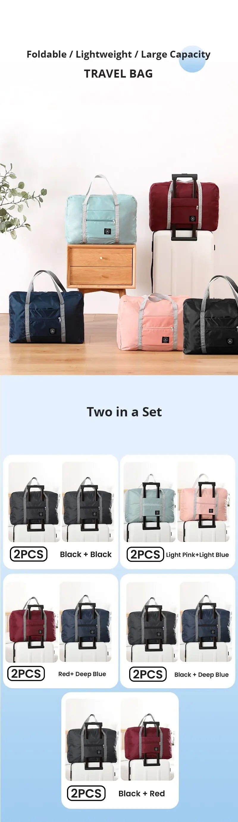 2 Pack Foldable Travel Duffel Bag for Airlines Carry on Bag Weekender Overnight Hospital Tote Bag Gym Duffel Bag Women Men