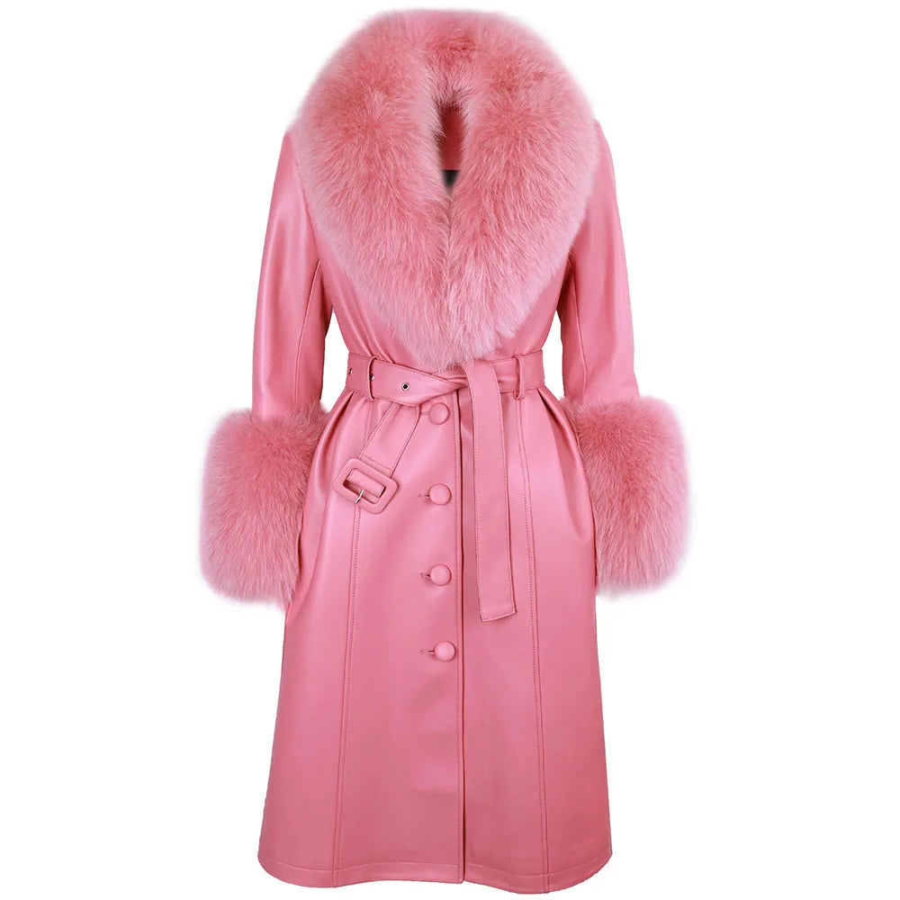 YOLOAgain Burgundy Real Fox Fur Collar Leather Trench Coat Women Genuine Leather Jacket Long Female