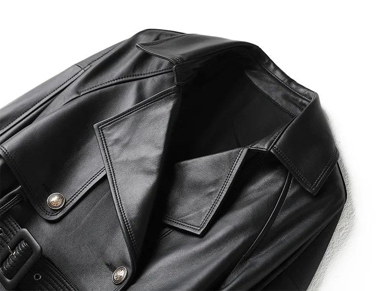 Leather Jacket for Women Spring Double-Breasted Belt Waist Closing Slim Ceket Kadın Imported Sheepskin Loose Short Trench Coat