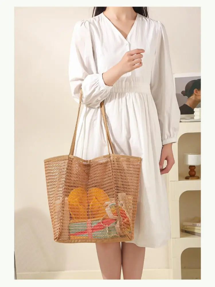 Homefish Large Capacity Woven Polyester Beach Tote Bag For Women Durable Open Top For Travel Shopping Daily Outdoor Use