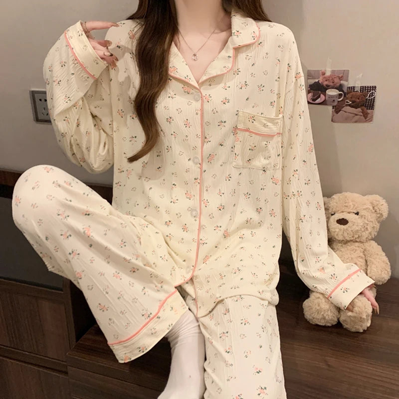 Pink Bow Tie Design Pajamas for Women Long Sleeve Top & Elastic Waist Pants Pajamas Set Harajuku Style Casual New Home Wear