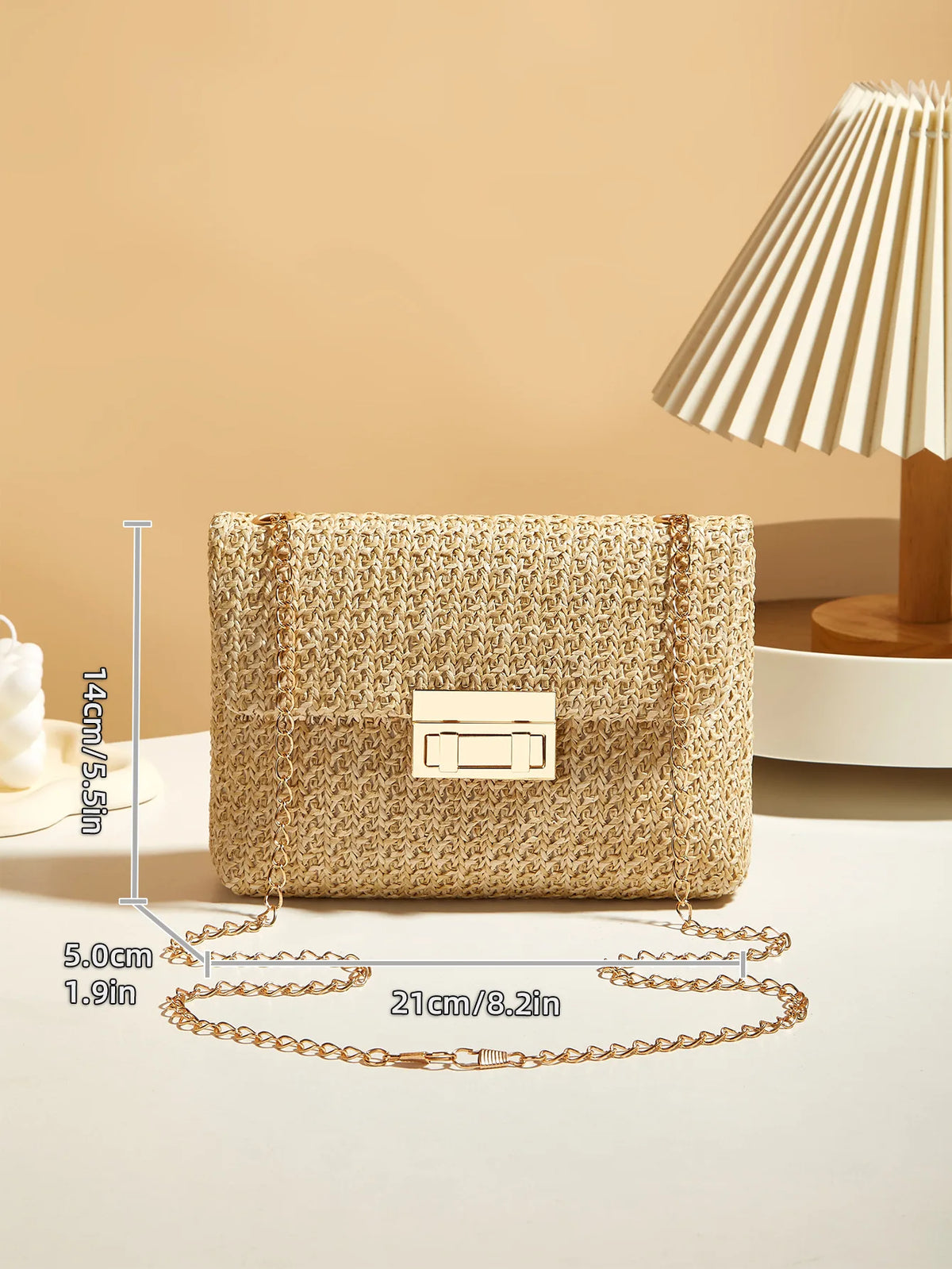 Woven Straw Handwoven Women's Shoulder Bag, Fashion Solid Color Crossbody Purse with Lock Closure